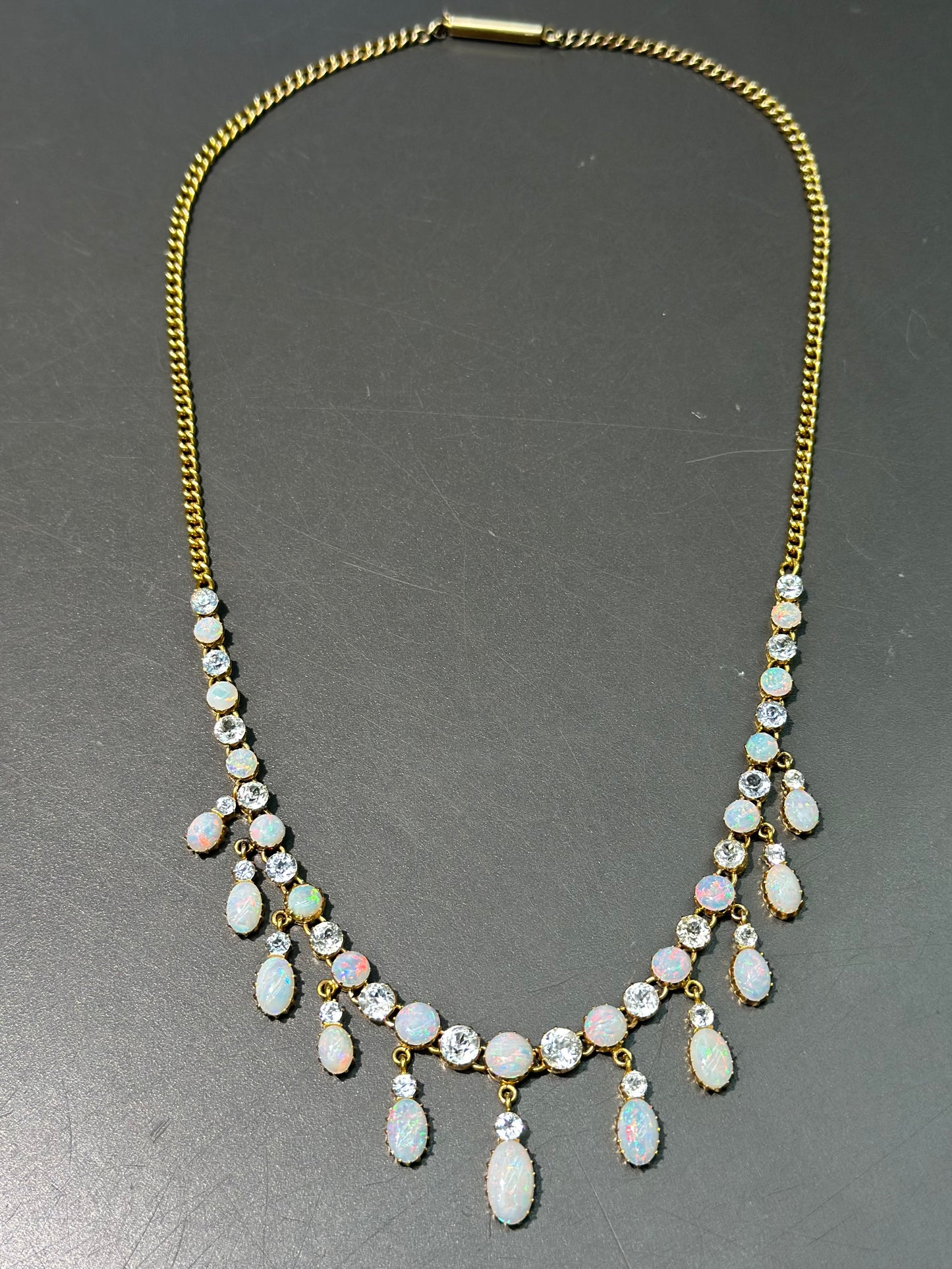 Victorian 15K Gold Opal Sapphire Fringe Necklace