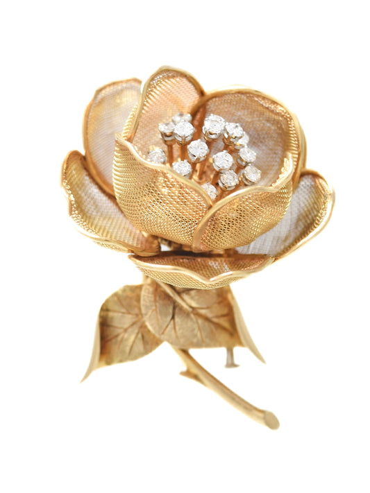 French 18K Gold 1.30 CTW Diamond En Tremblant Flower Brooch