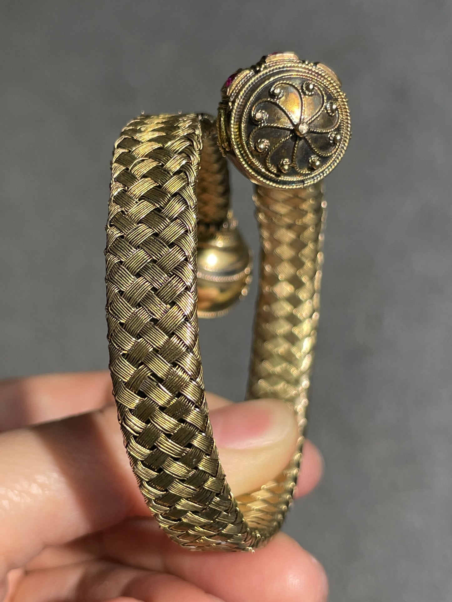 Victorian 14K Gold Ruby Orb Woven Bypass Bangle Bracelet