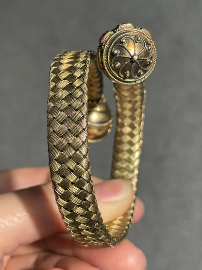 Victorian 14K Gold Ruby Orb Woven Bypass Bangle Bracelet