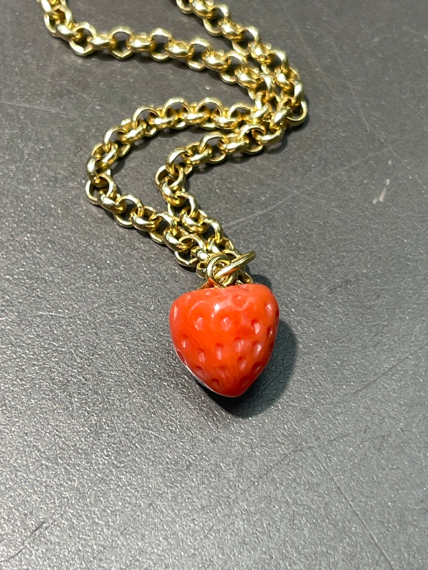 18K Gold Small Coral Carved Strawberry Charm