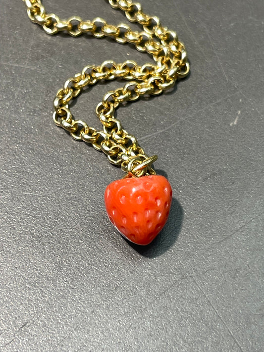18K Gold Small Coral Carved Strawberry Charm