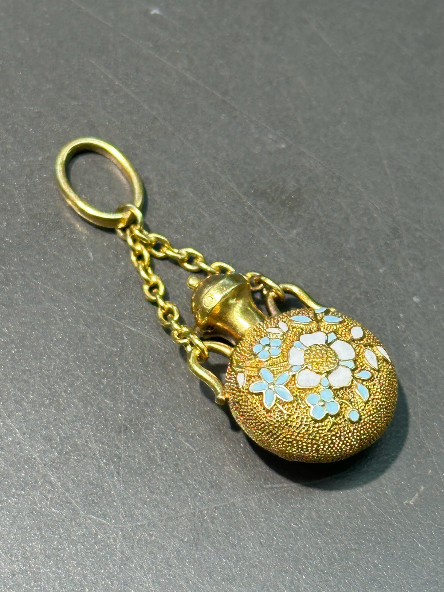 Antique French 18K Gold Diamond Floral Enamel Motif Perfume Bottle Pendant