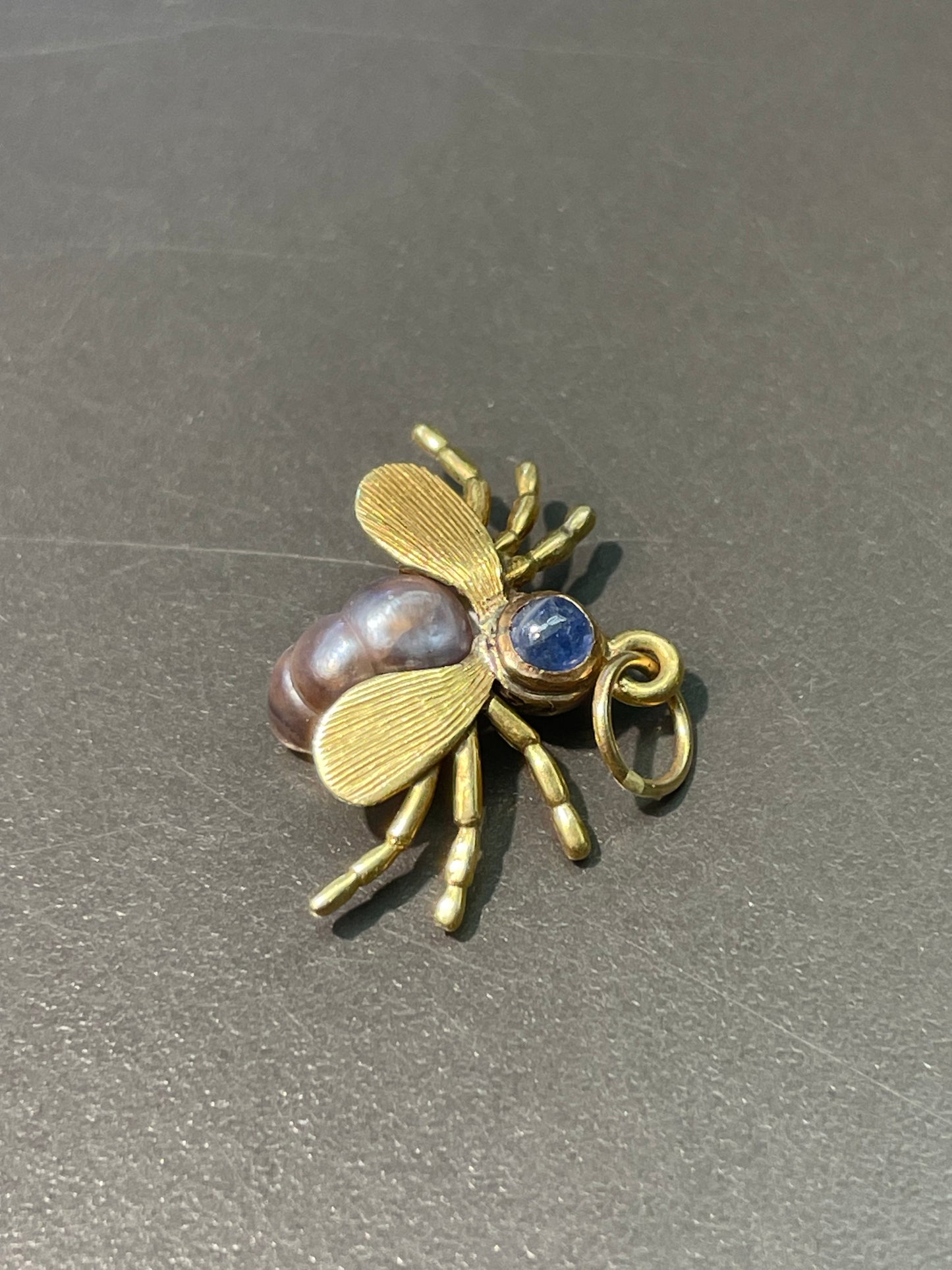 古董 14K 金天然珍珠星光蓝宝石蜘蛛吊饰