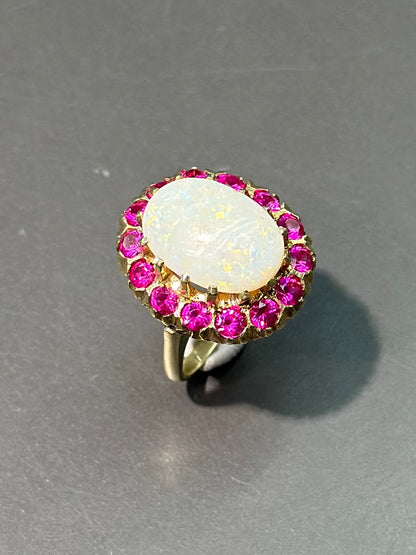 Vintage 14K Gold Opal and Synthetic Ruby Halo Ring Size 6.5