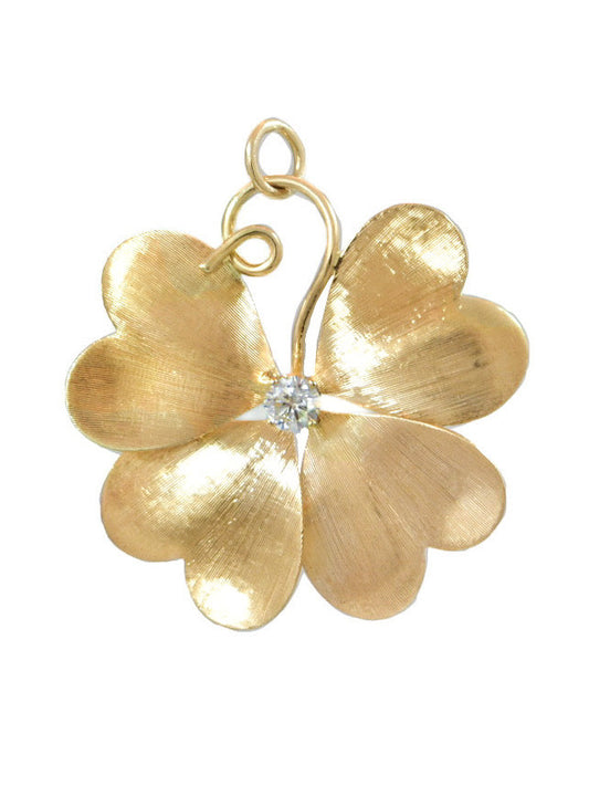 Vintage 14K Yellow Gold 0.35 CTW Diamond Shamrock Clover Pendant