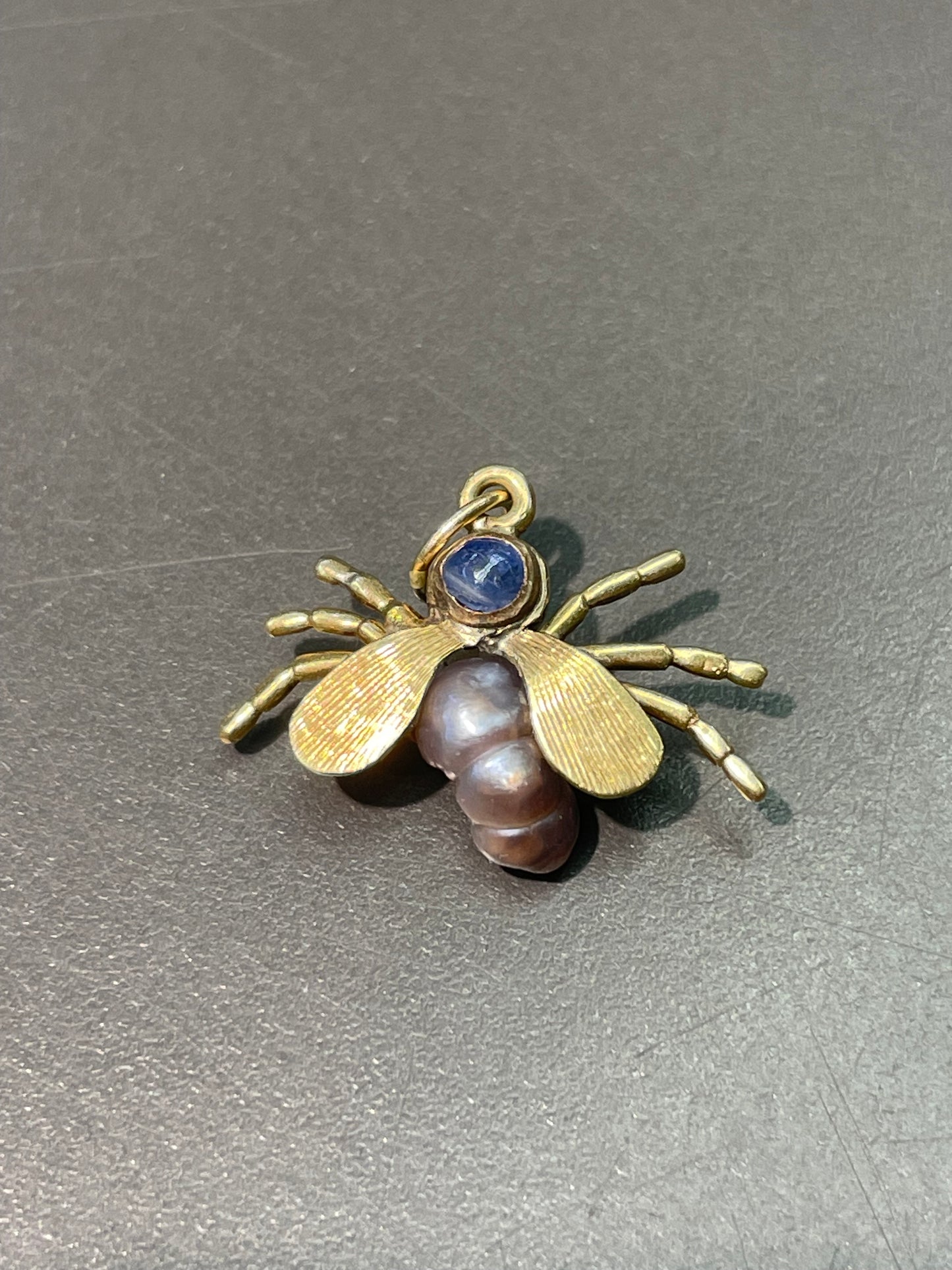 古董 14K 金天然珍珠星光蓝宝石蜘蛛吊饰