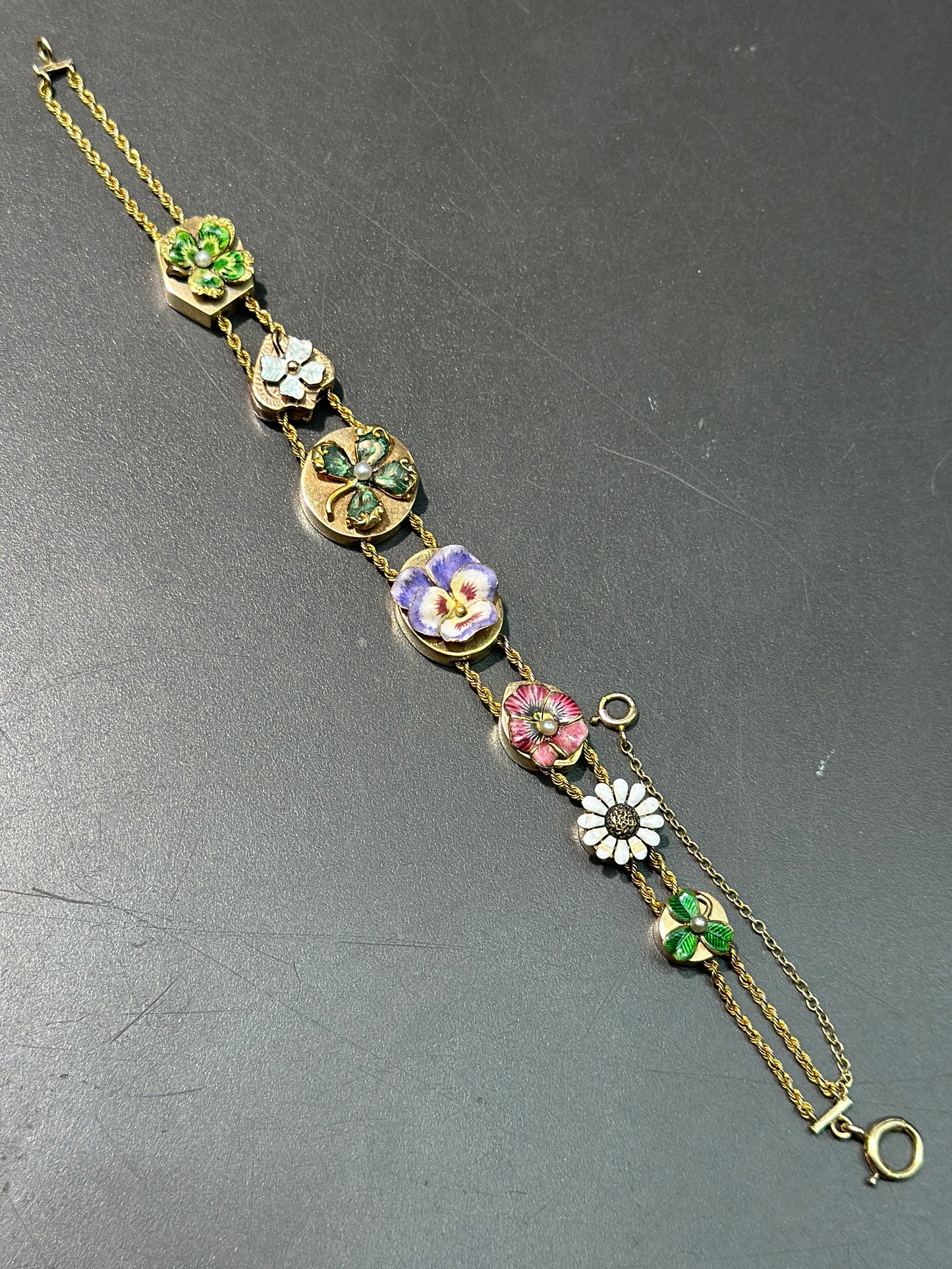 Art Nouveau 14K Gold Enameled Flower Charm Slide Bracelet