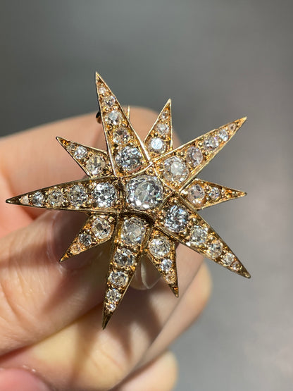 Antique 14K Gold 3.30 CTW Diamond Starburst Pendant Brooch