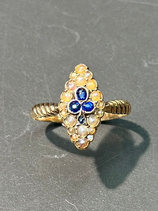 古董 14K 金蓝宝石种子珍珠三叶草戒指 尺寸 7