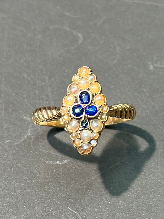 Antique 14K Gold Sapphire Seed Pearl Shamrock Ring SZ 7