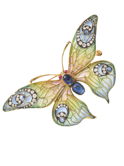 Art Nouveau 14K Yellow Gold Plique-a-Jour Sapphire Diamond Butterfly Brooch