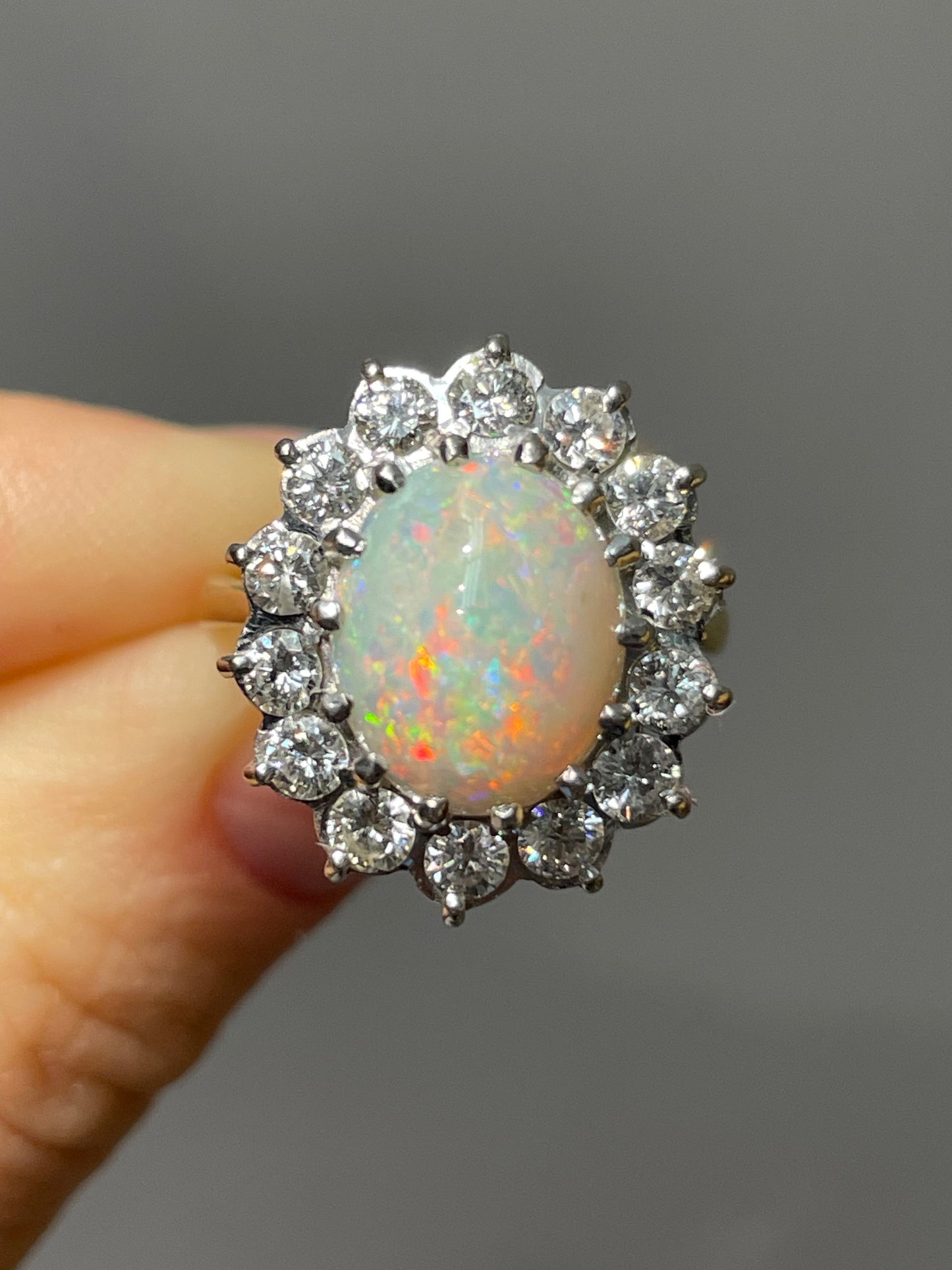 Vintage 18K Yellow Gold 1.12 CTW Opal Diamond Halo Ring