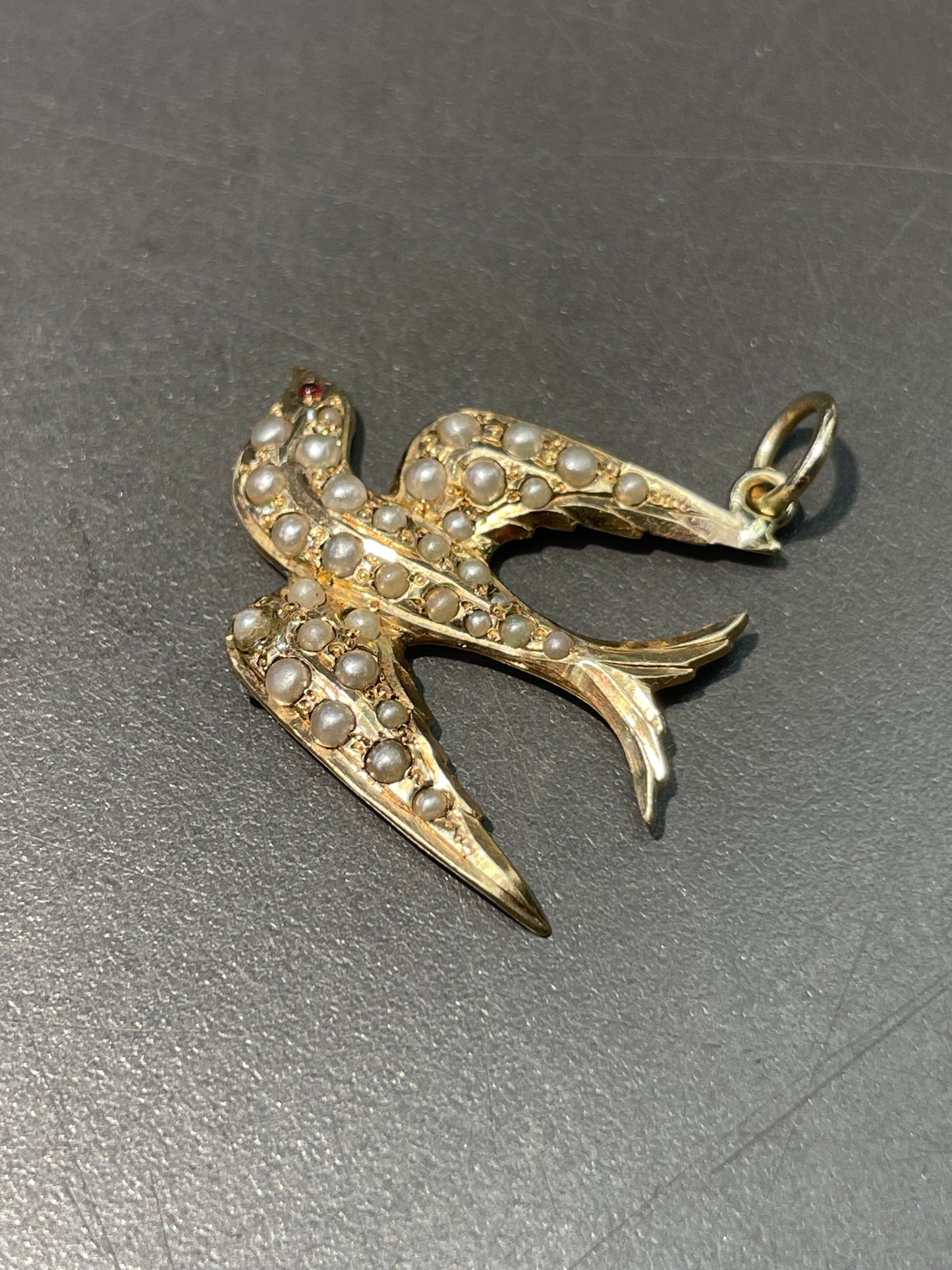 古董 14K 金珍珠燕子吊坠