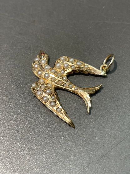 古董 14K 金珍珠燕子吊坠
