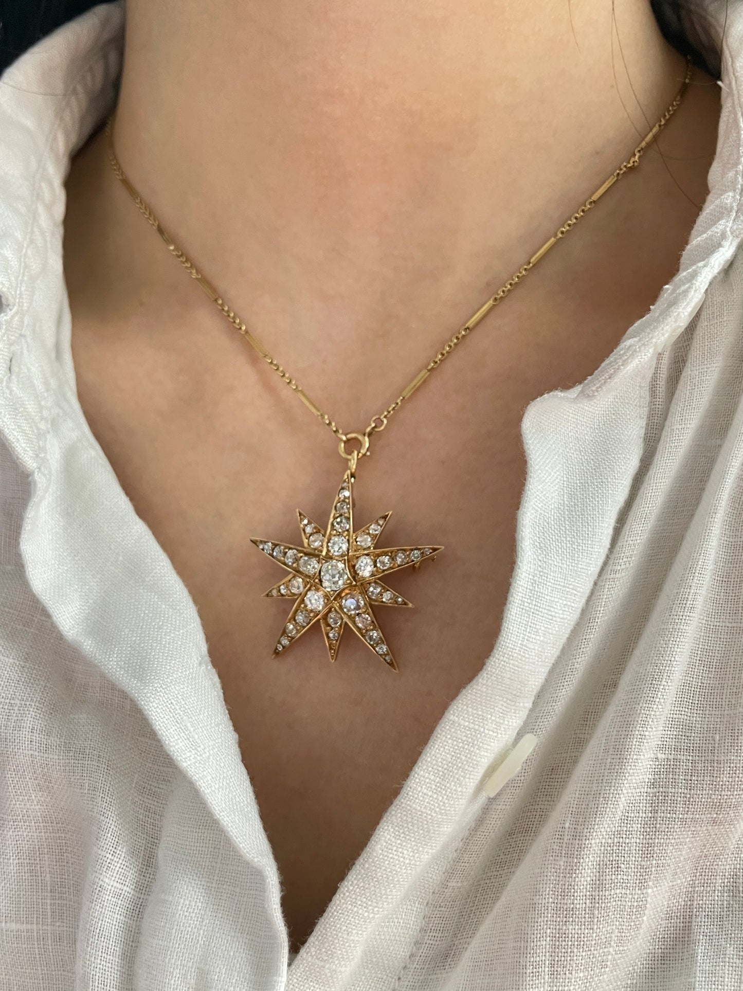 Antique 14K Gold 3.30 CTW Diamond Starburst Pendant Brooch
