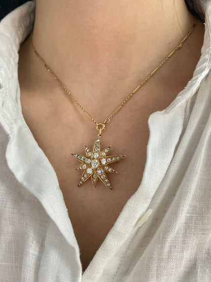 Antique 14K Gold 3.30 CTW Diamond Starburst Pendant Brooch