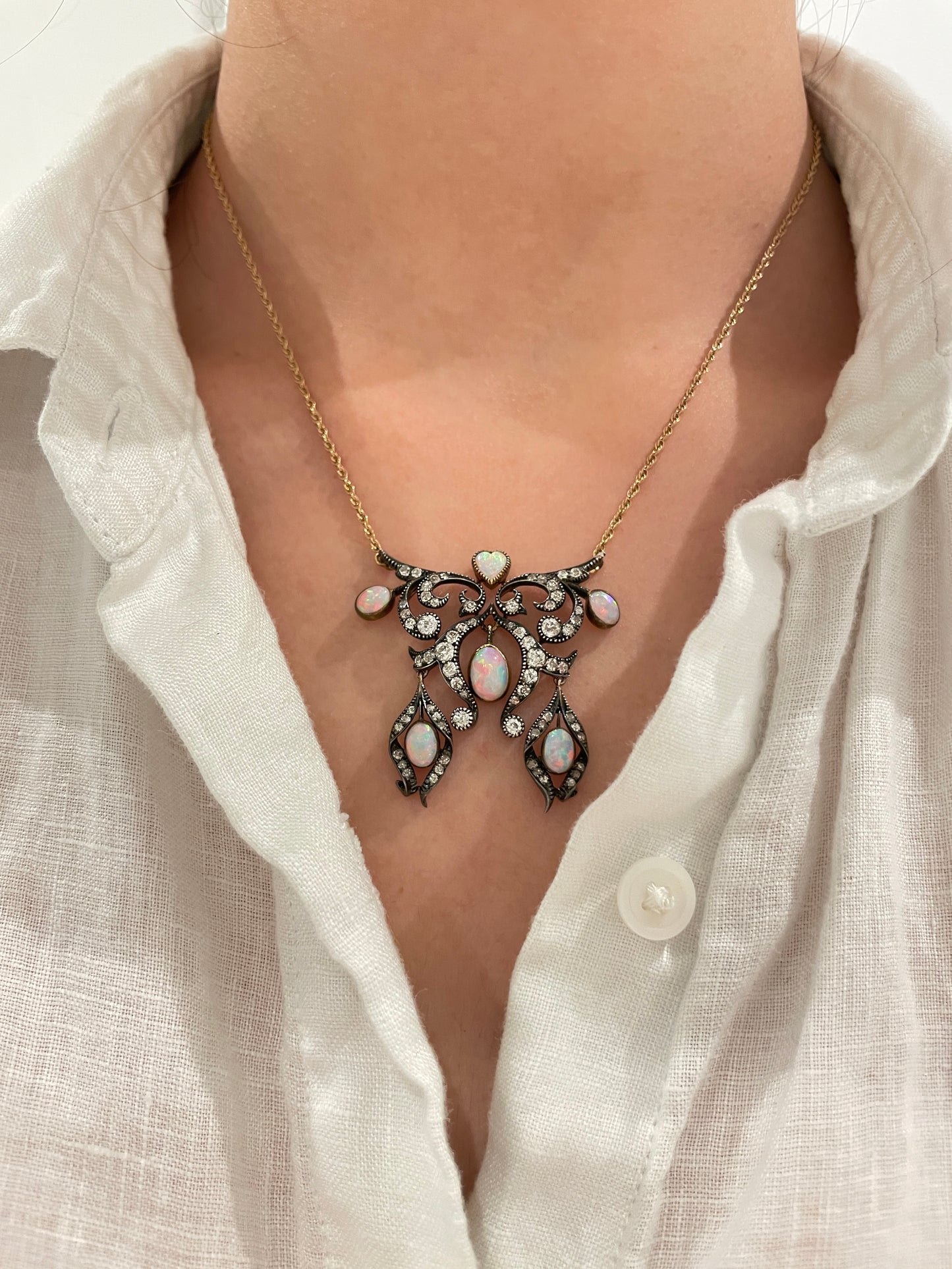 Antique 14K Gold Topped Silver Diamond Opal Lavaliere Pendant