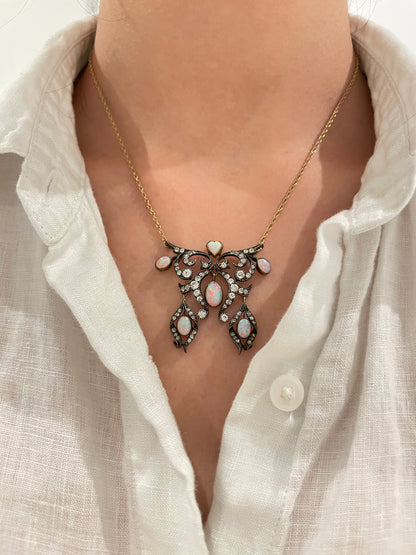 Antique 14K Gold Topped Silver Diamond Opal Lavaliere Pendant