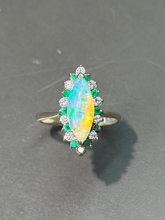 14K White Gold Marquise Opal Diamond Emerald Ring