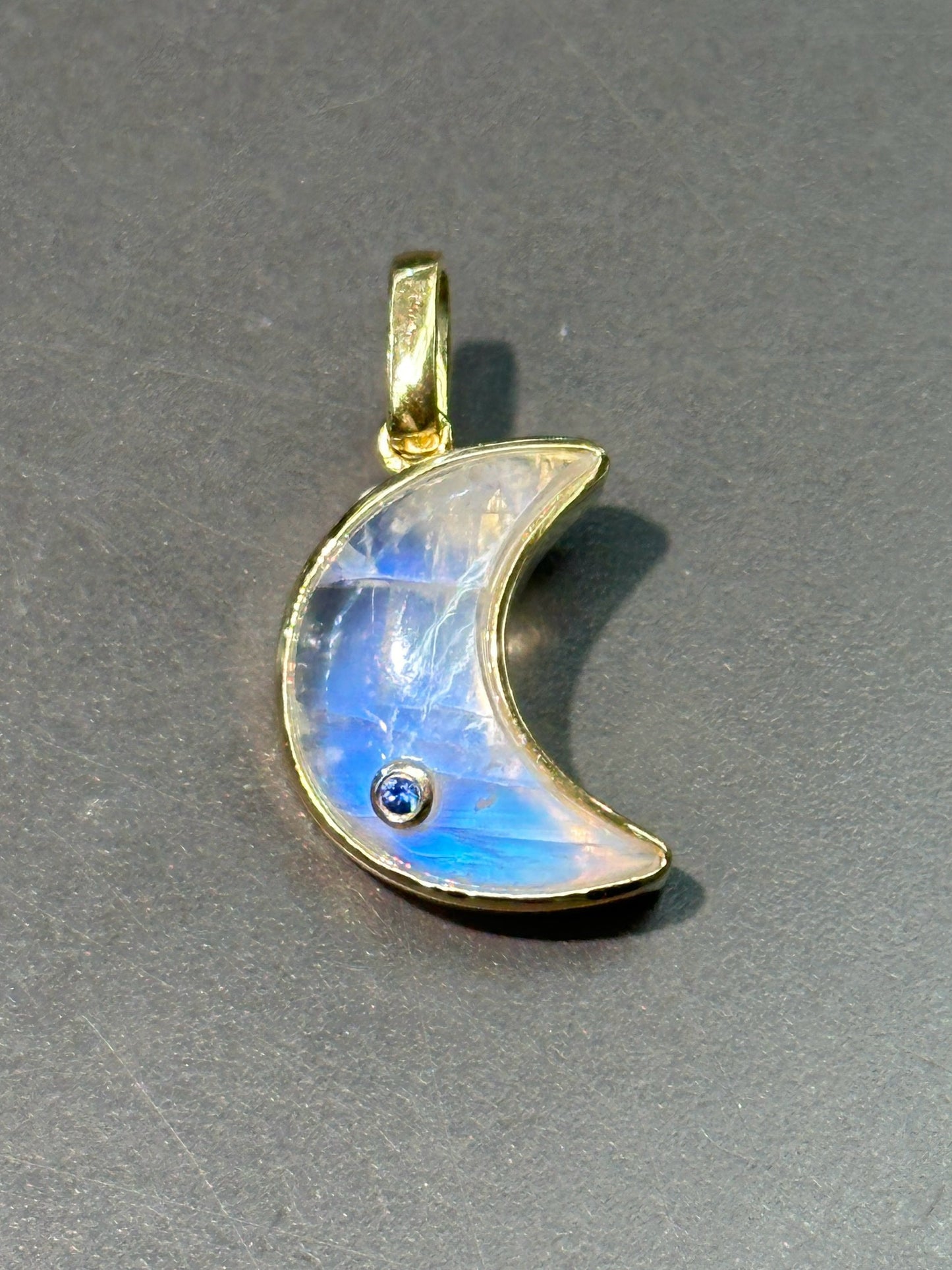 18K Gold Moonstone Sapphire Crescent Charm