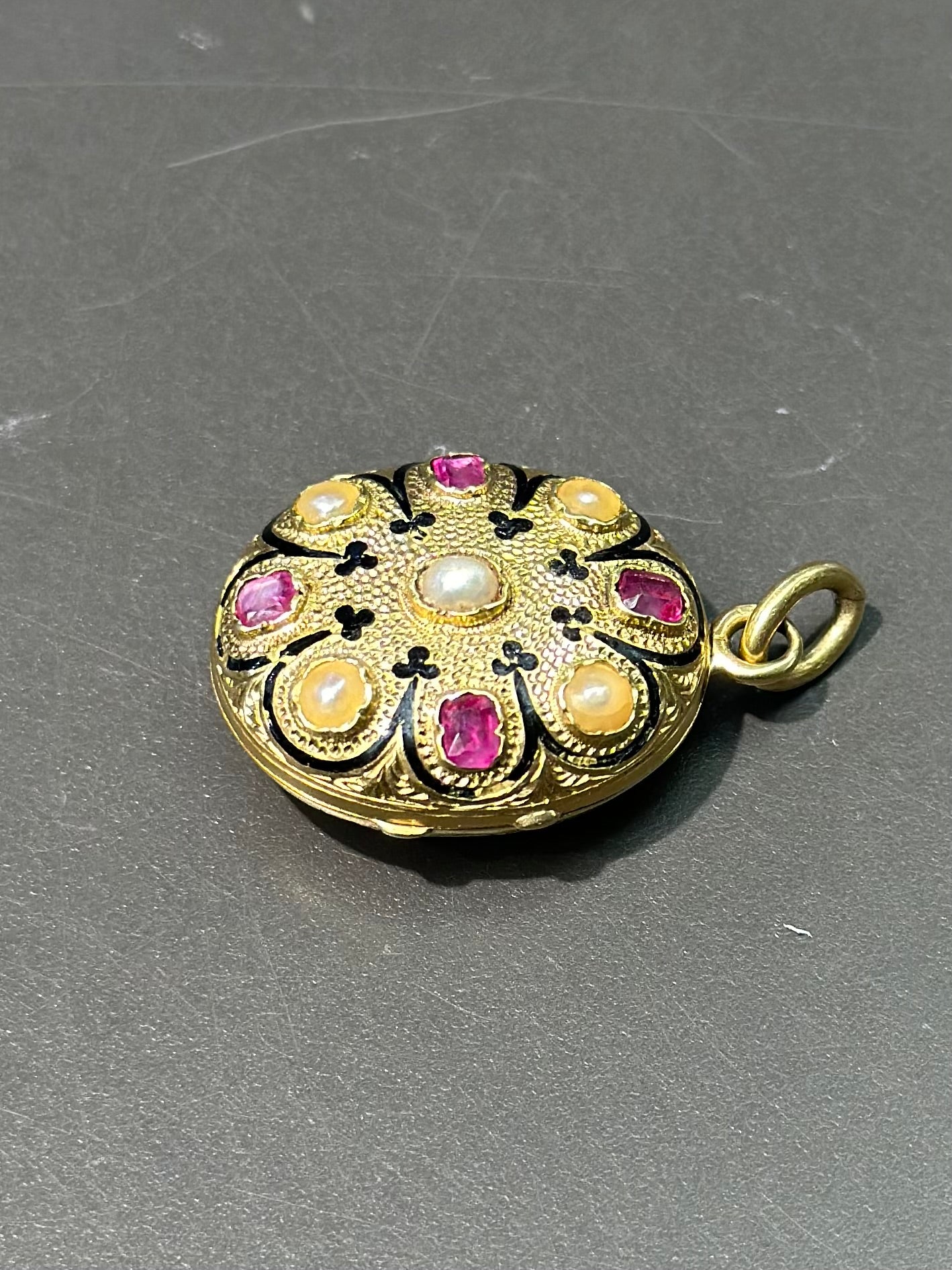 Victorian French 18K Gold Ruby Pearl Enamel Locket