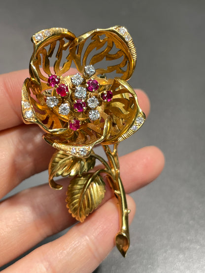 French 18K Gold Ruby Diamond En Tremblant Flower Brooch