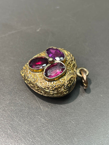 Antique Victorian 14K Yellow Gold Rhodolite Garnet Puffy Heart Pendant