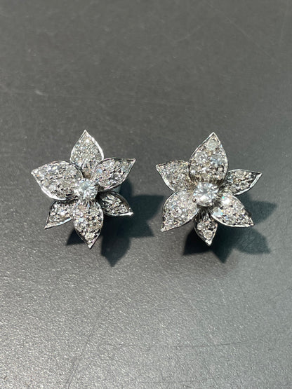 Vintage 14K White Gold 1.37 CTW Diamond Pansy Flower Stud Earring