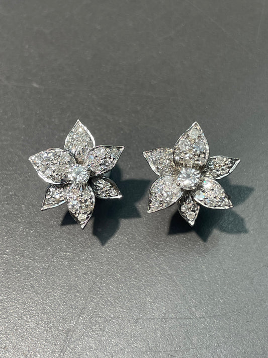 Vintage 14K White Gold 1.37 CTW Diamond Pansy Flower Stud Earring