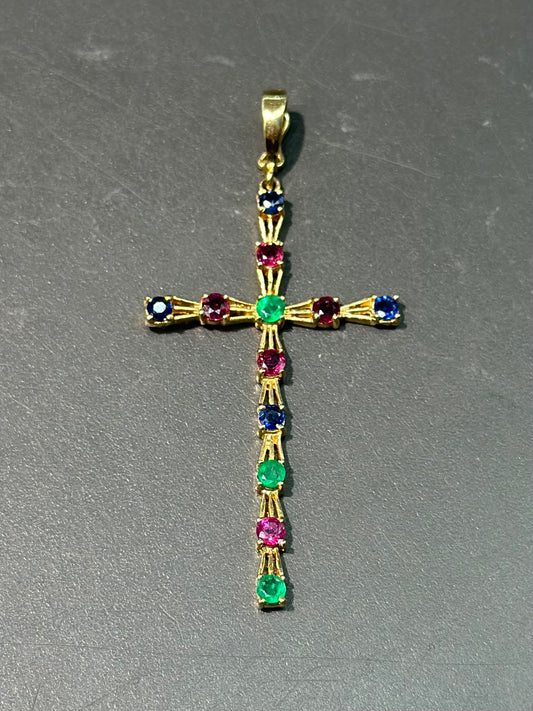 14K Gold Sapphire Ruby Emerald Cross Pendant