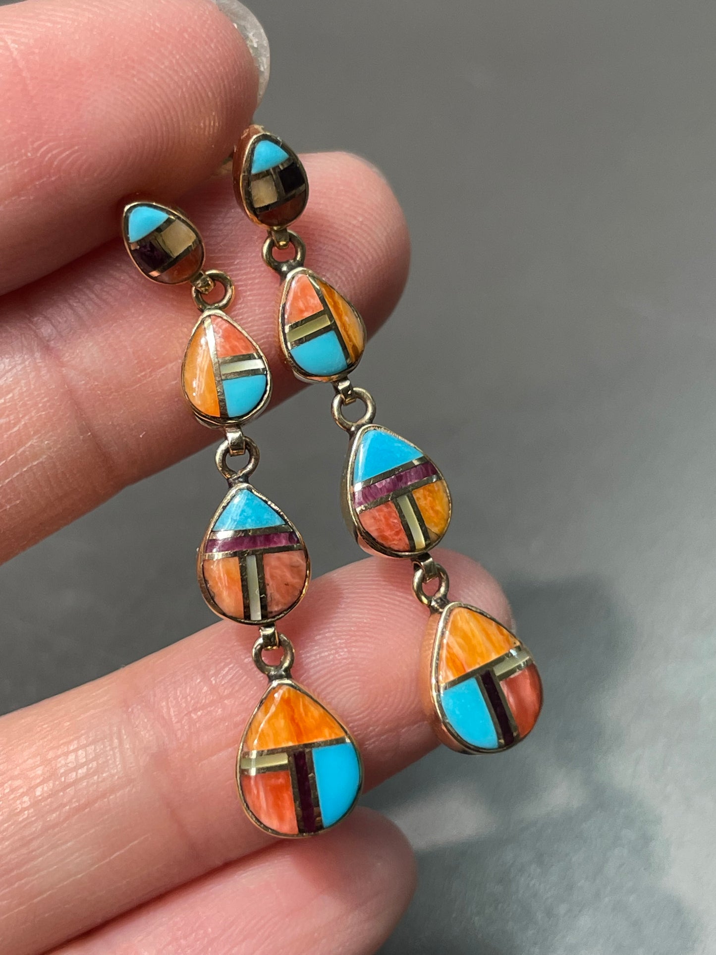 14K Yellow Gold Zuni Multi-Gemstone Inlay Earring