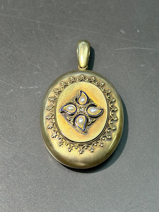 Victorian Etruscan 14K Gold Natural Pearl and Diamond Locket