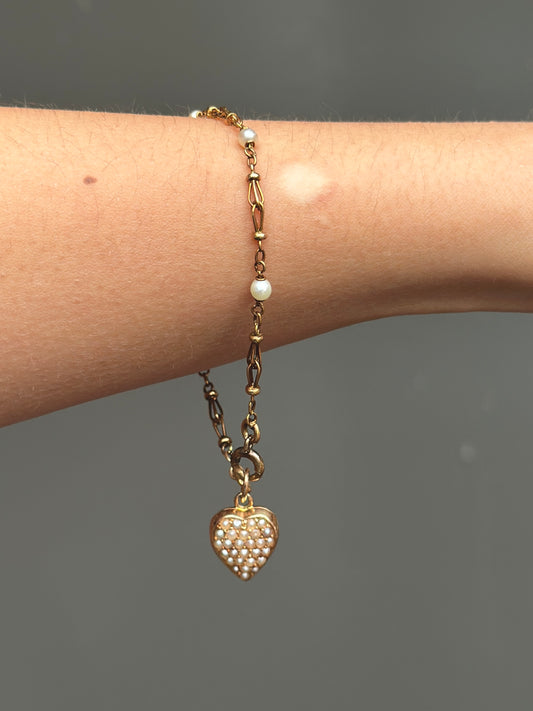 Victorian 18K Gold Seed Pearl Heart Locket Bracelet