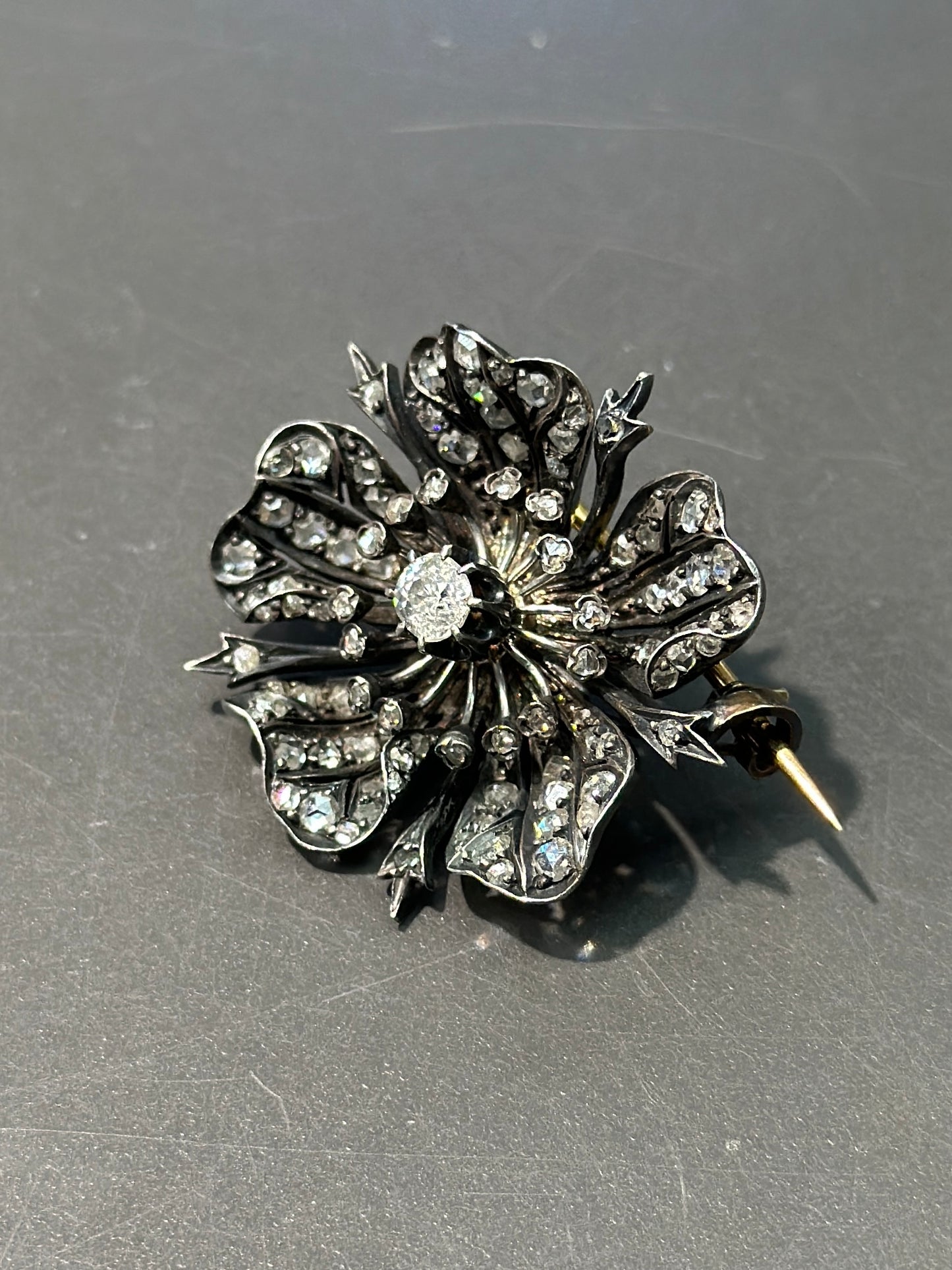 French Victorian Silver and 18K Gold Diamond Flower Brooch