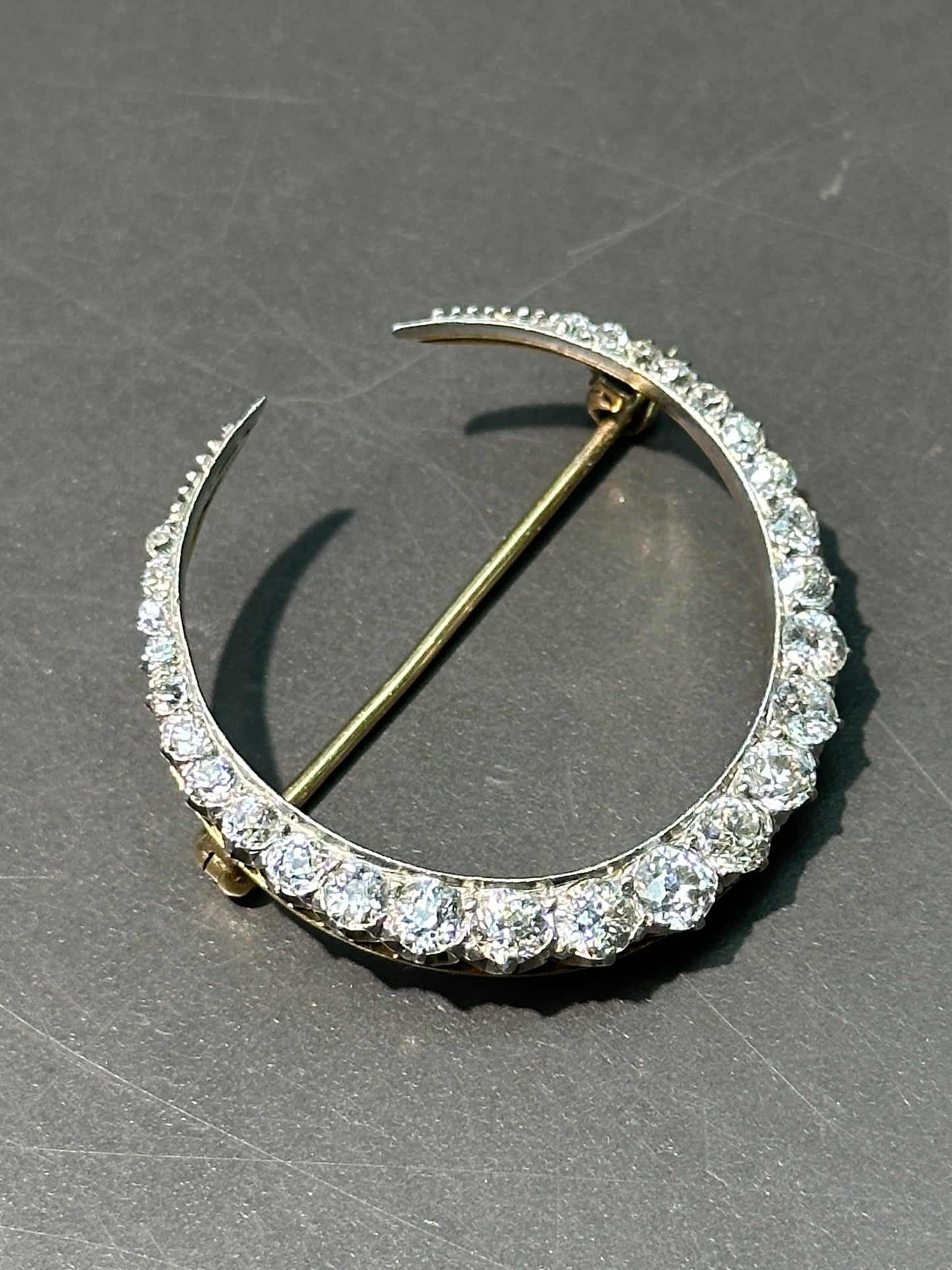 Antique 18K Gold Platinum 2.80 CTW Diamond Crescent Brooch