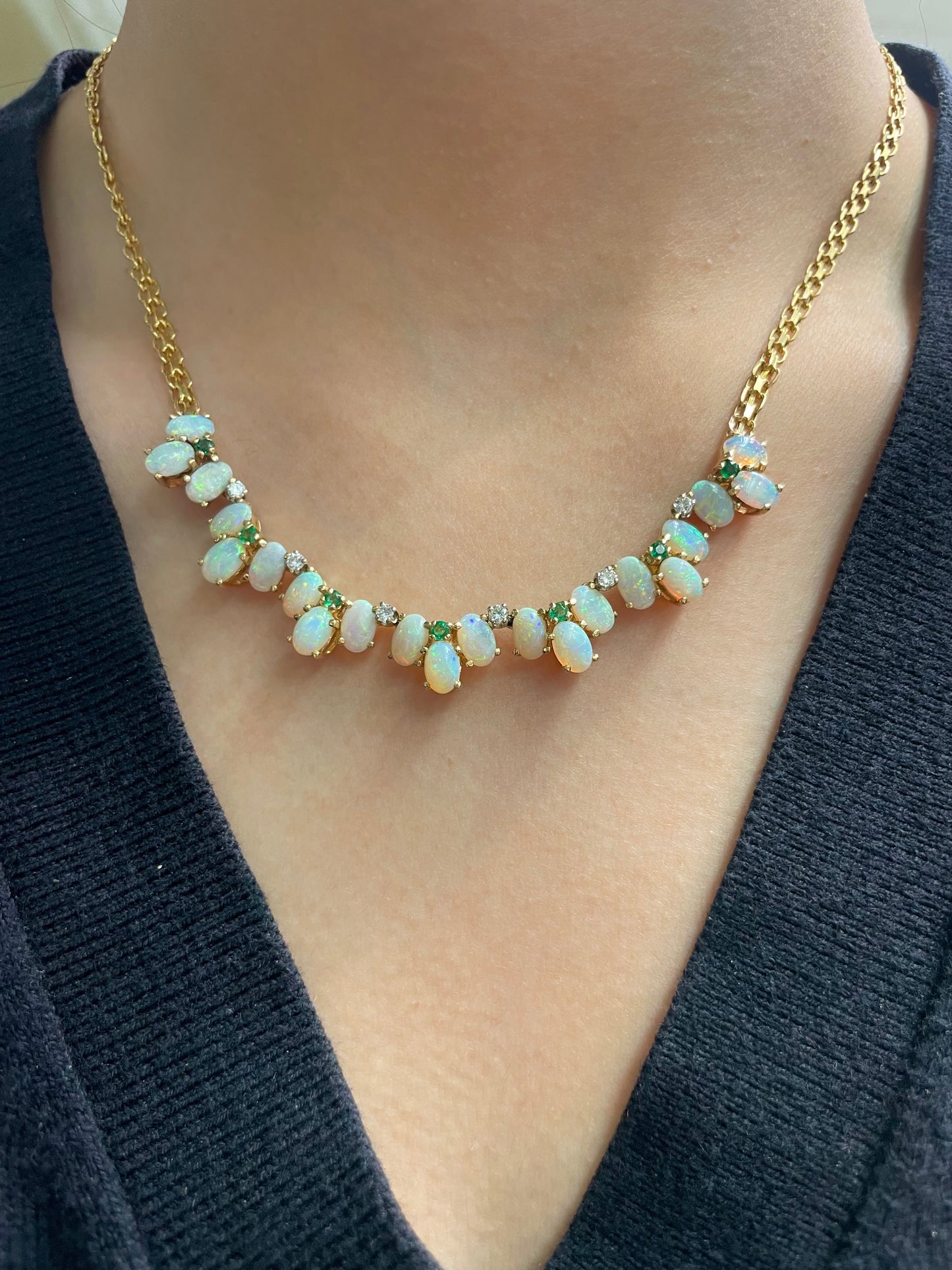 Vintage 14K Yellow Gold Opal Emerald Diamond Necklace