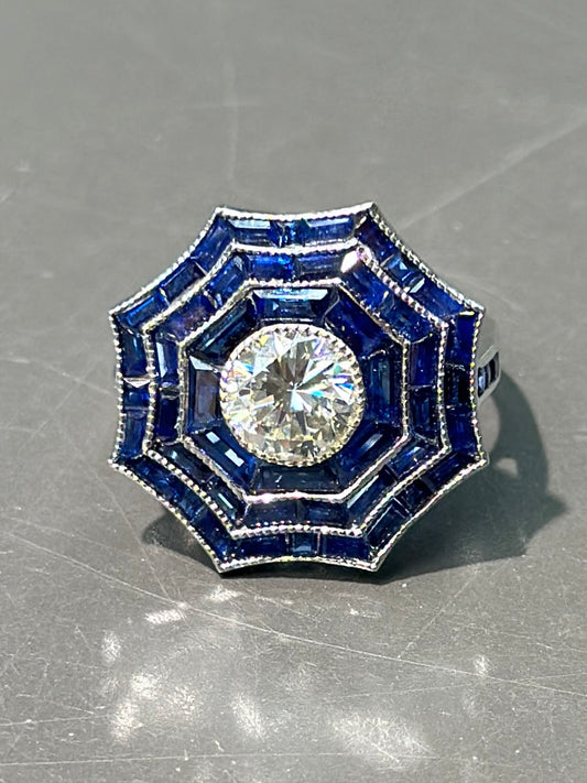 Art Deco Style 14K Gold Sapphire and Diamond Octagonal Halo Ring