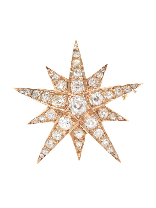 Antique 14K Gold 3.30 CTW Diamond Starburst Pendant Brooch