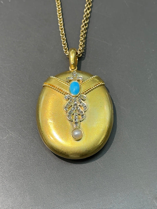 Victorian 18K Gold Natural Pearl Turquoise Diamond Locket