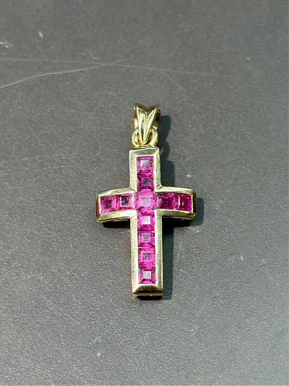 复古 14K 金红宝石十字架