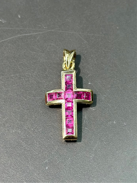 复古 14K 金红宝石十字架