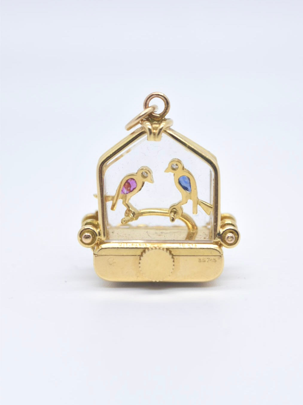 Vintage French 18K Gold UTI Sapphire and Ruby Bird Cage Fob Watch