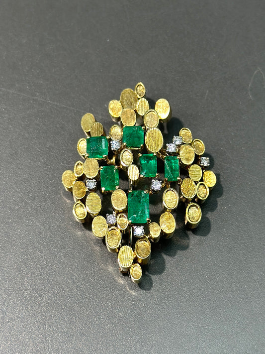 Vintage H. Stern 18K Gold Modernist Emerald and Diamond Brooch