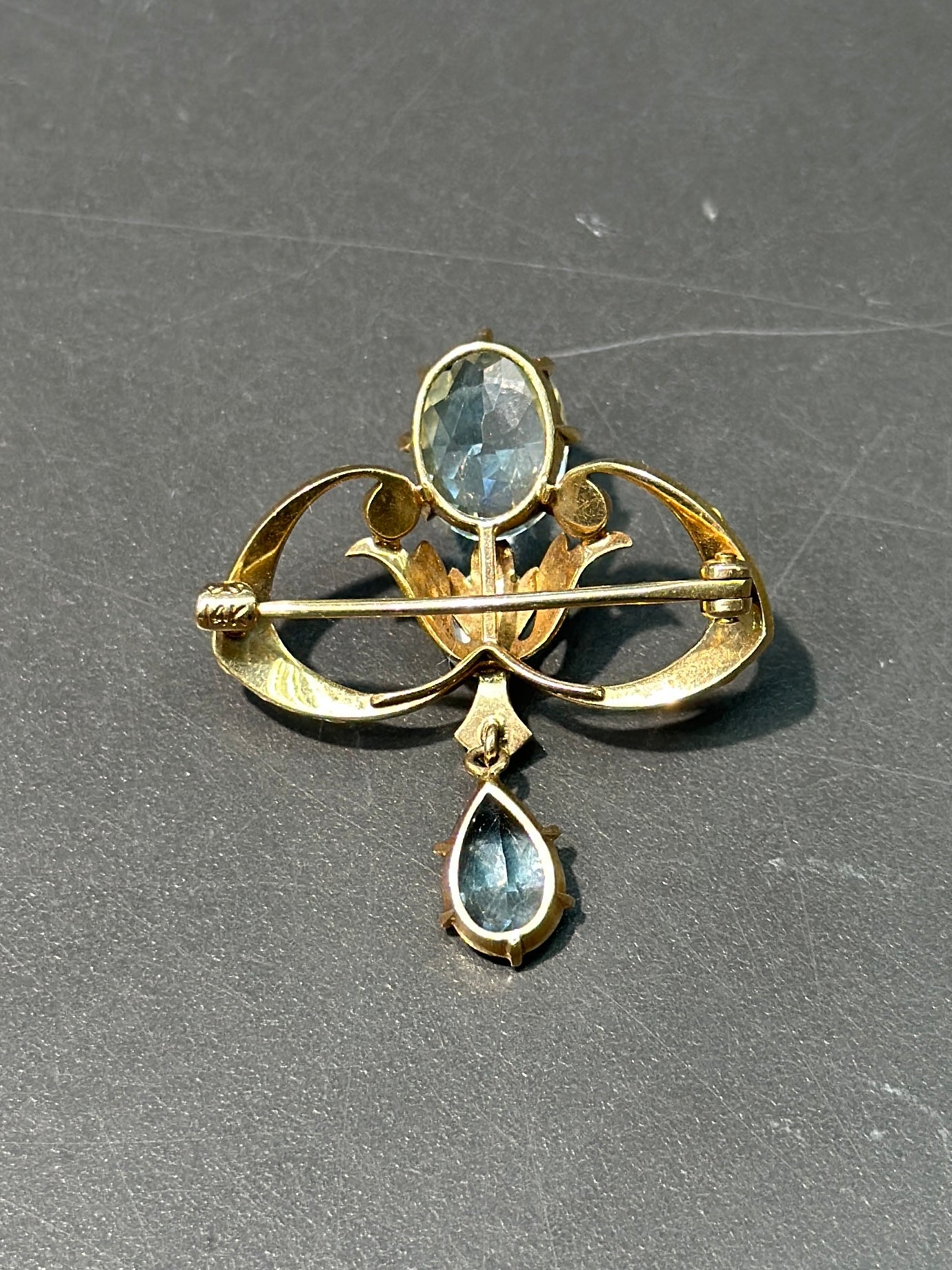 Art Nouveau Krementz & Co. 14K Gold Aquamarine Seed Pearl Enamel Brooch