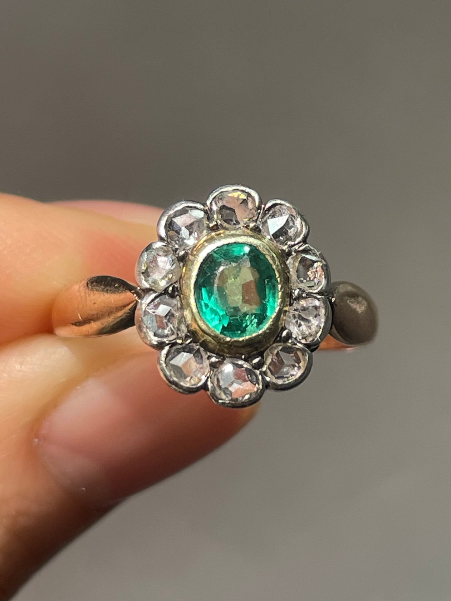 Antique Platinum Topped 14K Gold 0.51 CTW Emerald Diamond Halo Ring