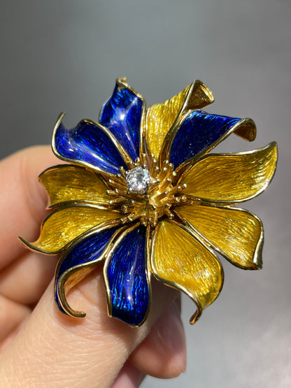 Tiffany & Co. 18K Gold Enamel Diamond Flower Brooch