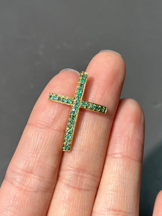 复古 14K 金绿宝石十字架