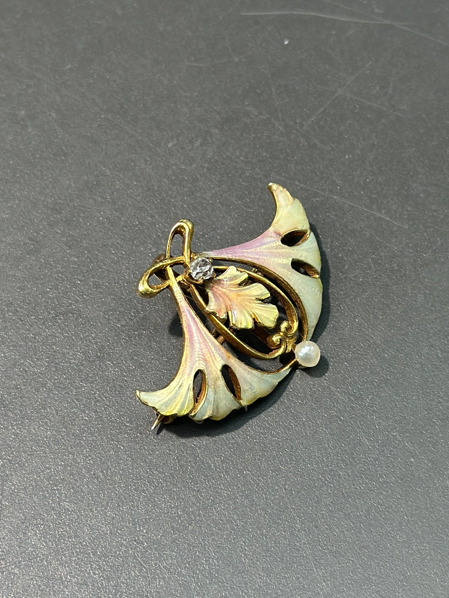 Art Nouveau 14K Gold Ginkgo Leaf Diamond and Pearl Enamel Brooch