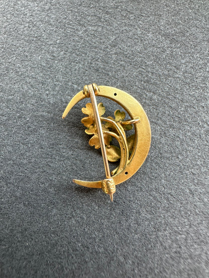 复古 14K 金 Krementz and Co. 粉红珐琅花朵新月花卉胸针